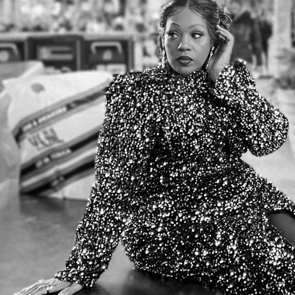 Silver Sequin Long Sleeve Gown with Mock Neck - Picture 2 of 11